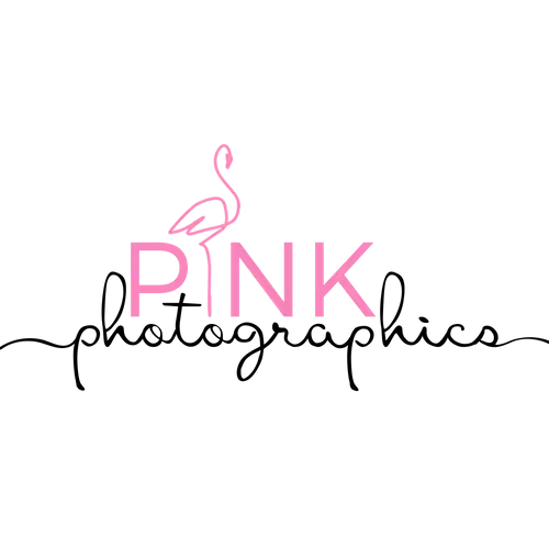 Pink Photographics logo. The top line consists of the word Pink written in the colour pink with an outline of a flamingo forming the I as its leg. photographics is written underneath in black, smaller swirly script.